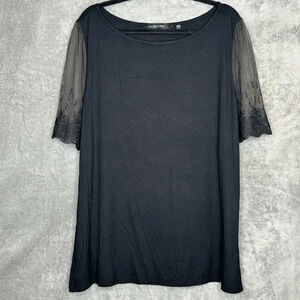 Colleen Lopez 3X Shirt Top Black Solid Lace Short Sleeve Round Neck Knit Casual